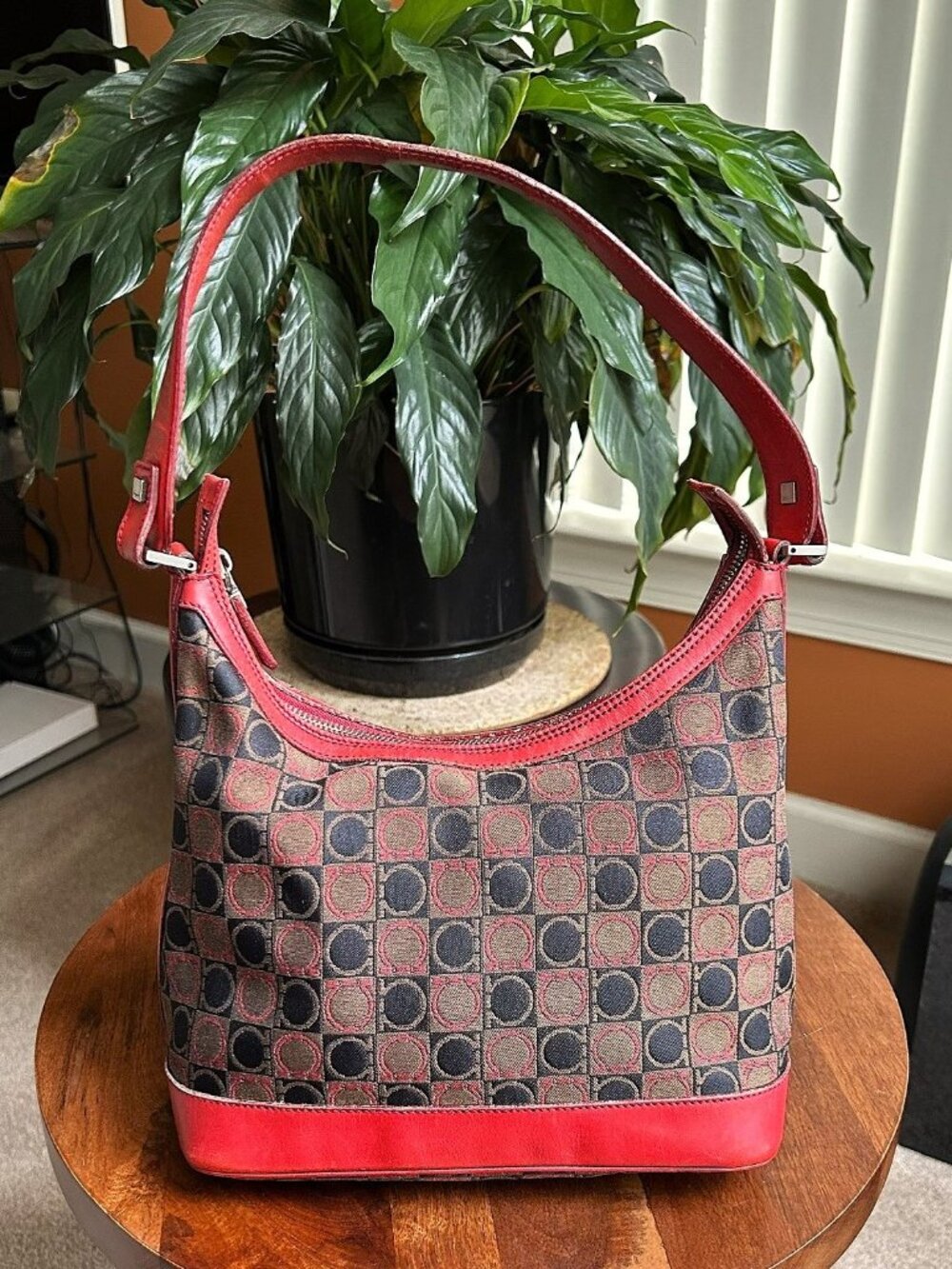 SALVATORE FERRAGAMO Gancini Check Hobo, Red, Tan Black